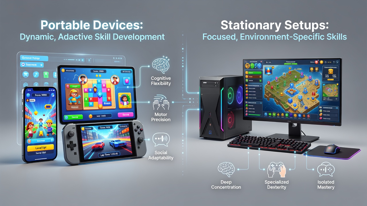 Person using a portable gaming device outdoors while developing interactive play skills